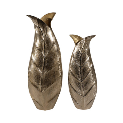 Metal, S/2 16/21 Fauna Leaf Vases, Champagne