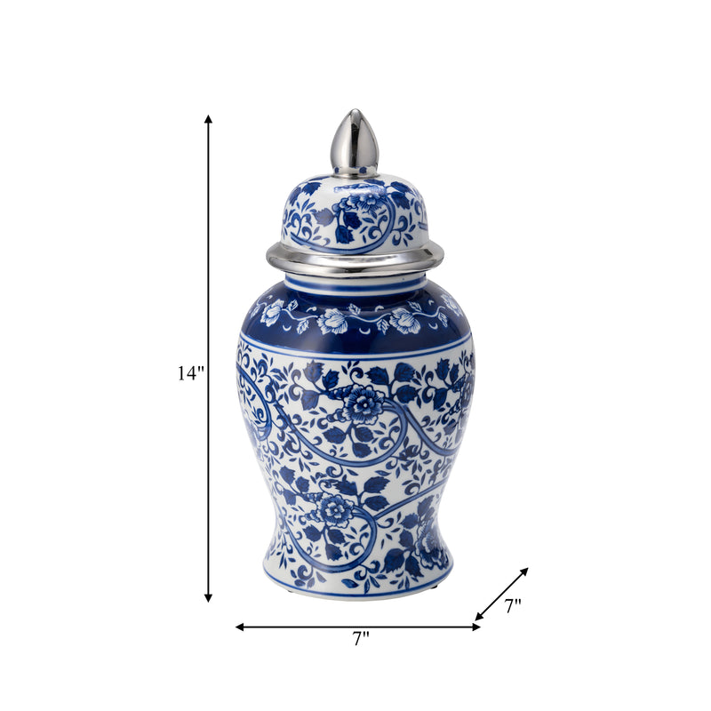 EC CER,14BLUE/WHITE TEMPLE JAR, SILVER