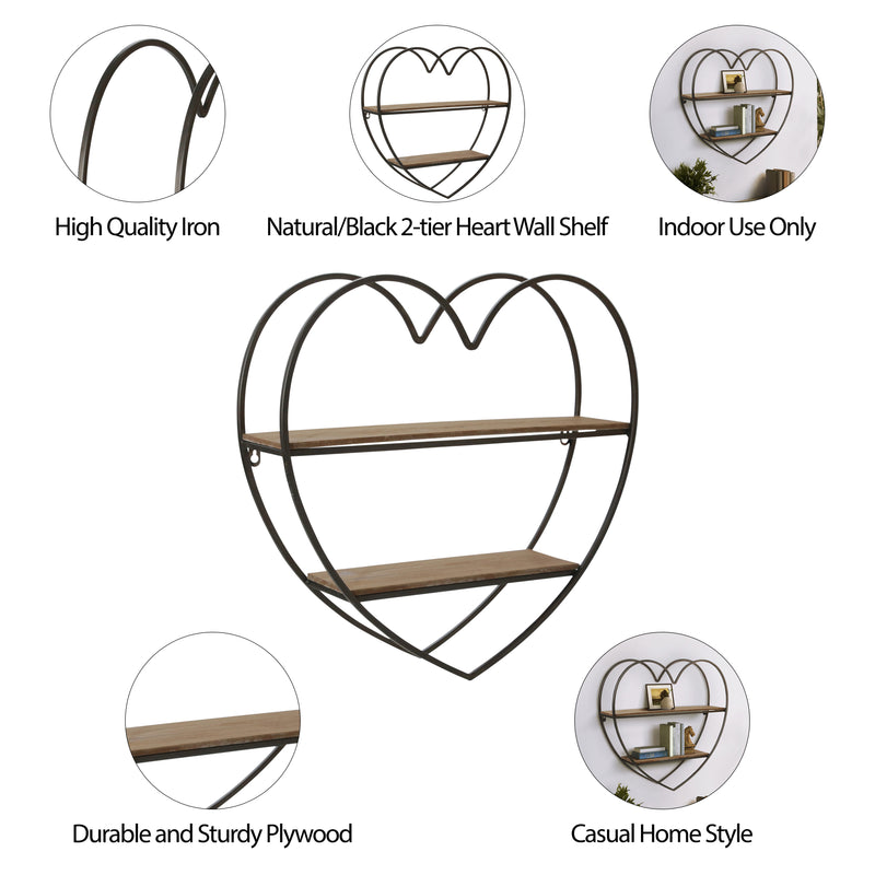 METAL/WOOD 2 TIER HEART WALL SHELF, NATURAL/BLACK