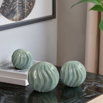 S/3 4/5/6 Seaside Blue Cer Deco Balls - Set Of 3