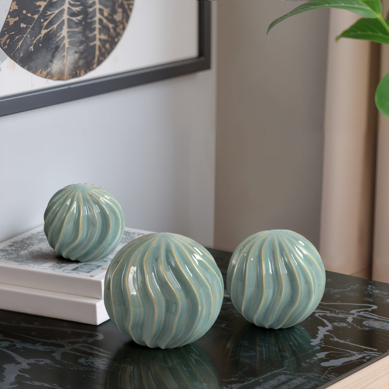 S/3 4/5/6 Seaside Blue Cer Deco Balls - Set Of 3