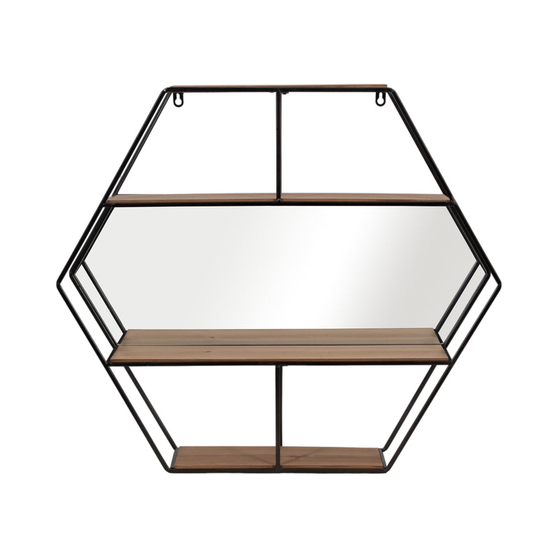 METAL 24 HEXAGON WALL SHELF W/ MIRROR, BROWN