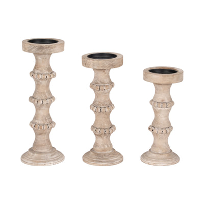 WOODEN 15 BANDED BEAD CANDLEHOLDER, DISTRESSED IV