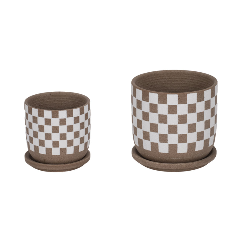 S/2 5/6 Checkerboard Saucer Planters, White/tan