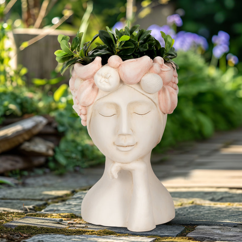 18 Lady With Flower Crown Planter, White/pink