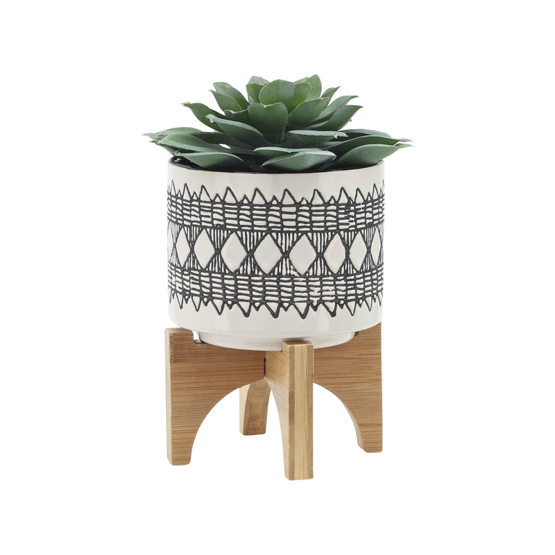 CER, S/2 5/8 AZTEC PLANTER ON WOODEN STAND, GRAY