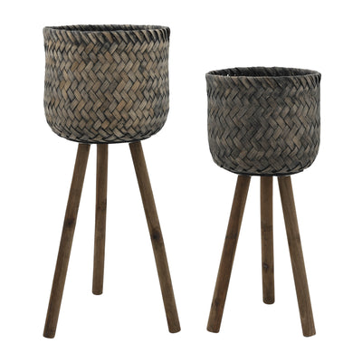 S/2 BAMBOO PLANTERS ON STANDS,BLACK WASH