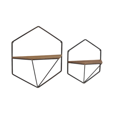 S/2 METAL / WOOD HEXAGON WALL SHELVES, BROWN