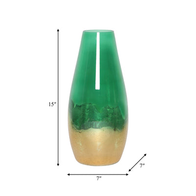 GLASS, 15 GOLD DIPPED VASE, GREEN