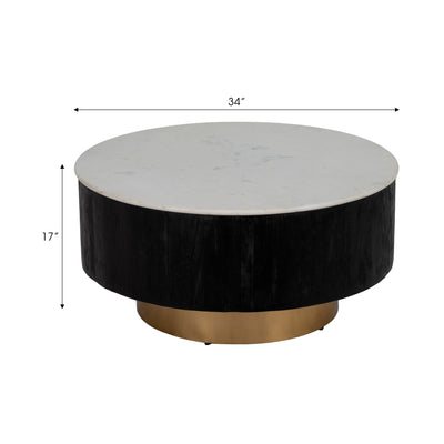 34 Gold Pedestal Coffee Table Marble Top, Wht/blk