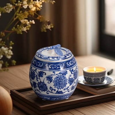 5 8.5oz Peony Chinoiserie Lidded Candle, Blu/wht