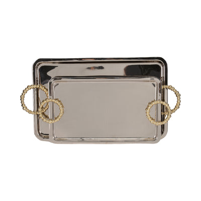 Metal, S/2 23/28 Trays With Beaded Handles,silver