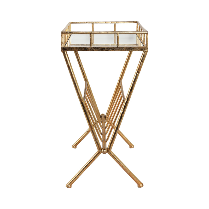 Metal & Glass Magazine Rack Accent Table, Gold