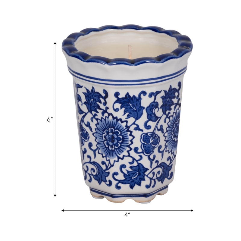 4, 7oz Fluted Chinoiserie Candle , Blue/white