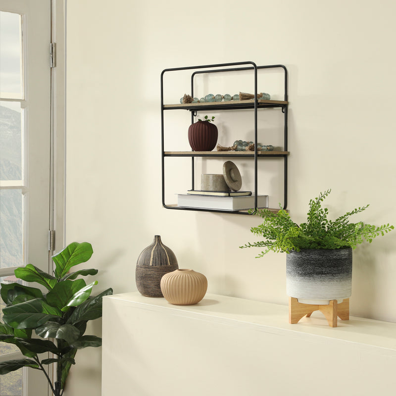 Metal/wood 3 Tier Wall Shelf, Brown/black