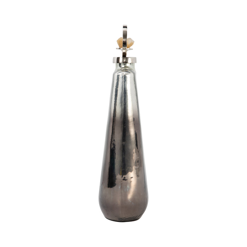 GLASS, 19 METALLIC BOTTLE W/ STONE TOP, SILVER