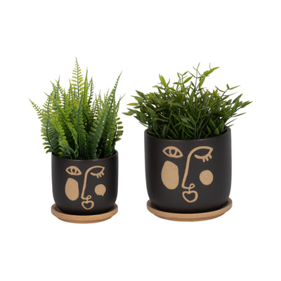 S/2 5/6 FUNKY FACE PLANTER W/ SAUCER, BLACK