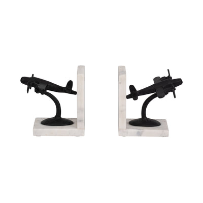 Metal, S/2 6 Airplane Bookends On Marble, Blk/wht