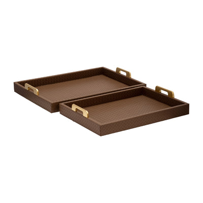 S/2 16/18L FAUX LEATHER WEAVE TRAYS, COGNAC