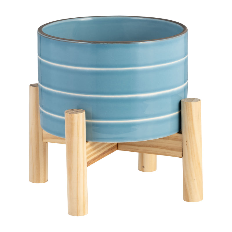 6 STRIPED PLANTER W/ WOOD STAND, SKYBLUE