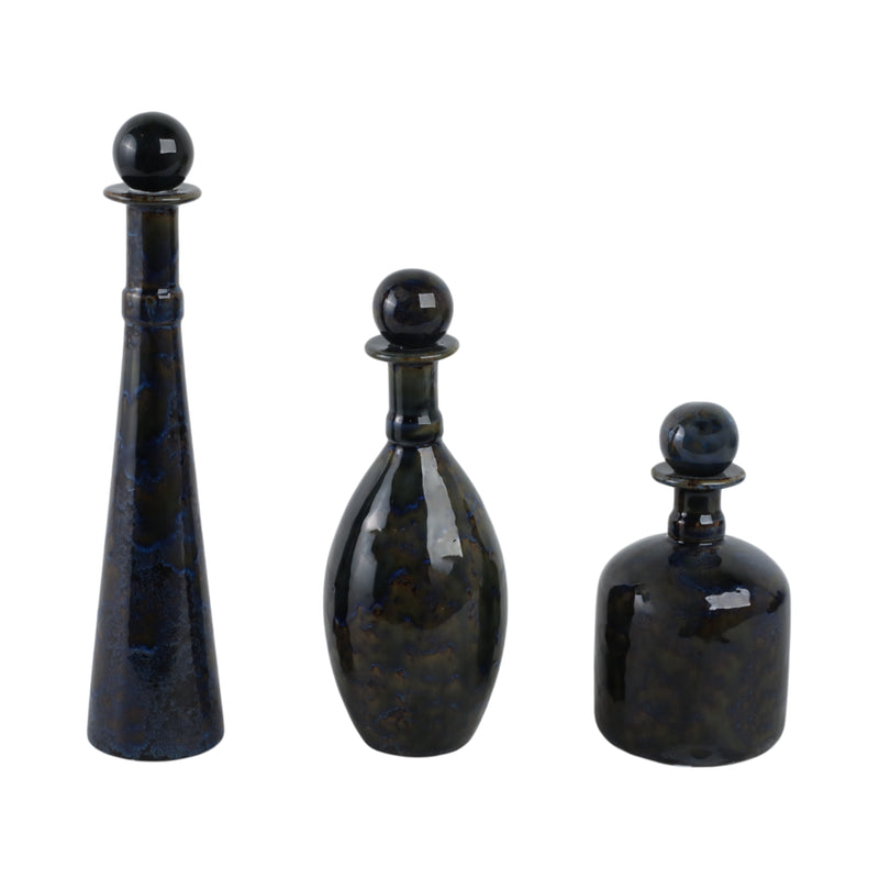 S/3 8/11/15 Olympia Blue Ceramic Bottles