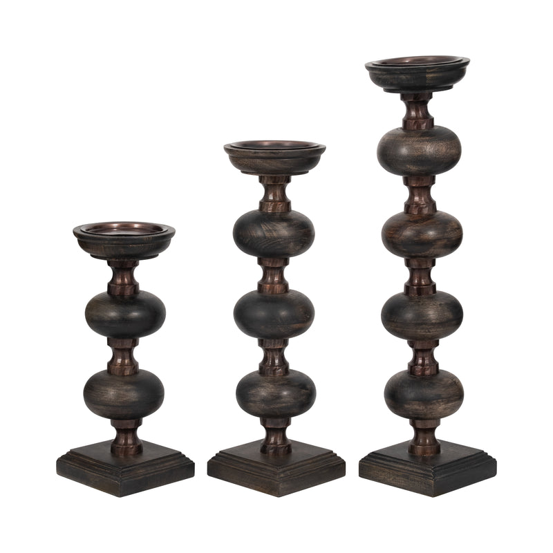 S/3 14/19/23 Sumpter Black Wood Candle Sticks