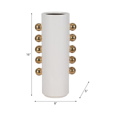 Cer, 16 Vase W/ Side Knobs, White/gold