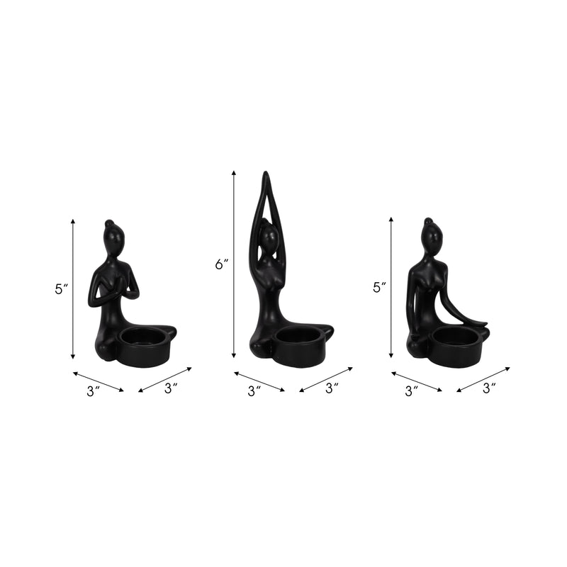 S/3, 7H RESIN YOGA WOMEN TEALIGHT HOLDER, BK