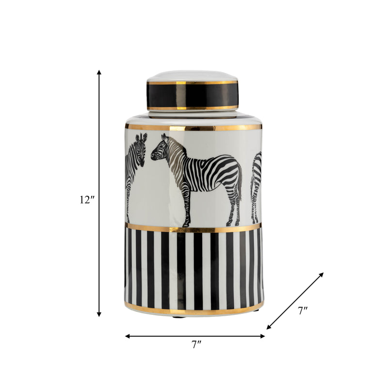 CER, 12H ZEBRA JAR W/ LID, WHITE/GOLD