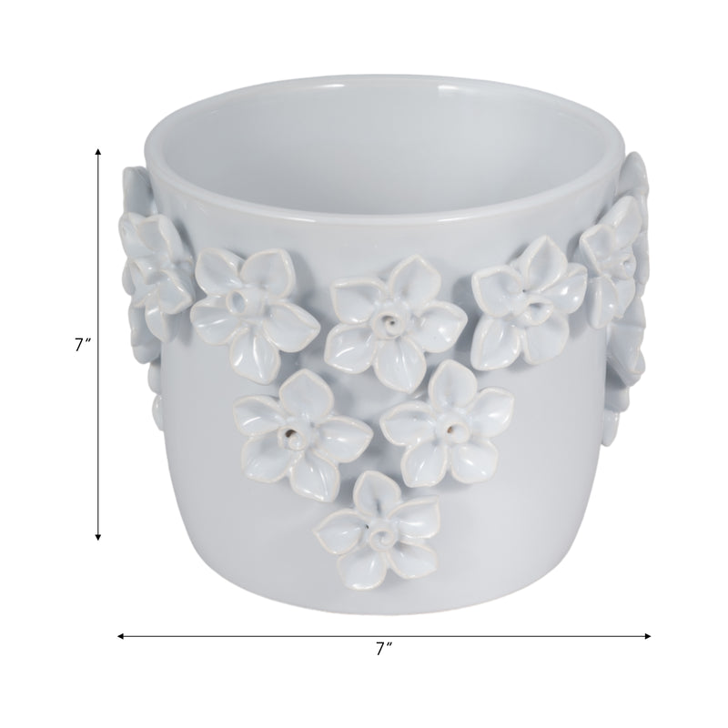 7 Floral Applique Planter, White