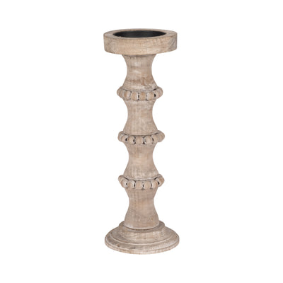 WOODEN 15 BANDED BEAD CANDLEHOLDER, DISTRESSED IV