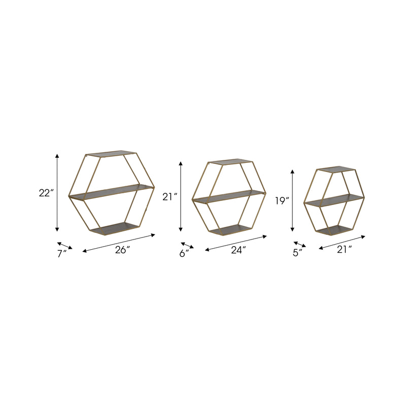 METAL/WD,S/3 21/24/26 HEX FOLDING WALL SHELF,GLD