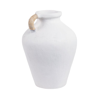 17 Textured Terracota Vase W/rattan Handle, Wht