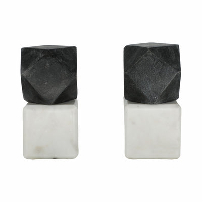 S/2 6 Marble Bookends W/ Black Hex Orb, Black/whi