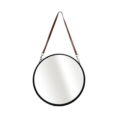 28 ROUND MIRROR W/ LEATHER STRAP, BLACK