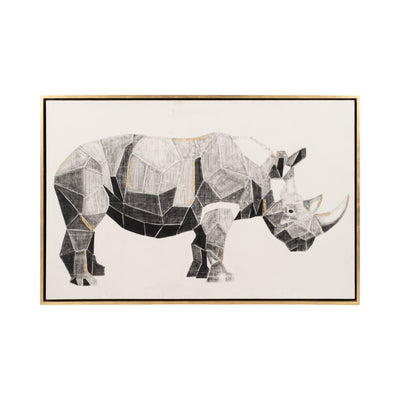 71X47, HAND PAINTED CHARCOAL RHINO W/GOLD LEAF