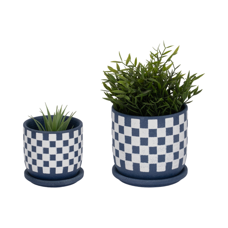 S/2 5/6 Checkerboard Saucer Planters, Blue/white