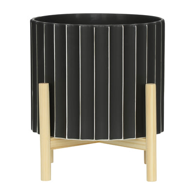 12 CERAMIC FLUTED PLANTER W/ WOOD STAND, BLACK