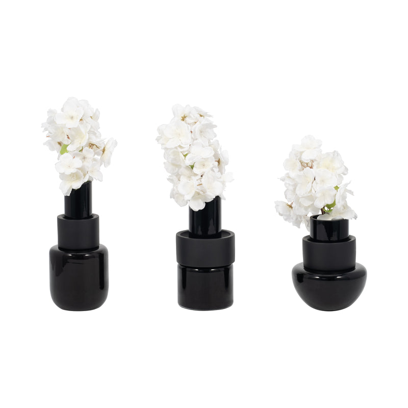 S/3 6/8/9 Eden Black Glass Vases