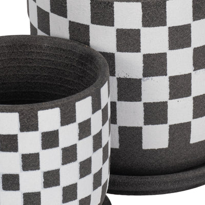 S/2 5/6 Checkerboard Saucer Planters, Black/white