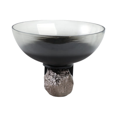 14x11 Glass Bowl On Rock Pedestal, Black/silver