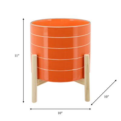 10 STRIPED PLANTER W/ WOOD STAND, ORANGE