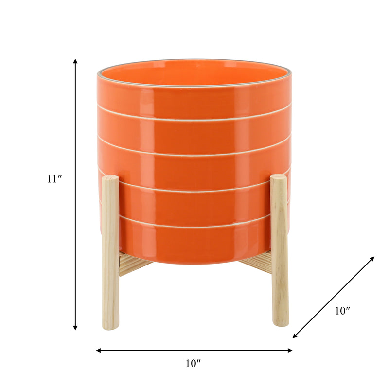 10 STRIPED PLANTER W/ WOOD STAND, ORANGE