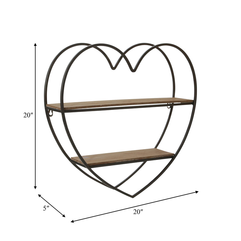 METAL/WOOD 2 TIER HEART WALL SHELF, NATURAL/BLACK