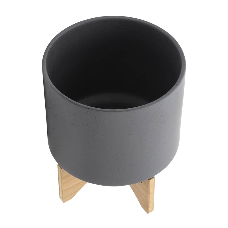 S/2 8/10 PLANTER W/ WOOD STAND, MATTE GRAY