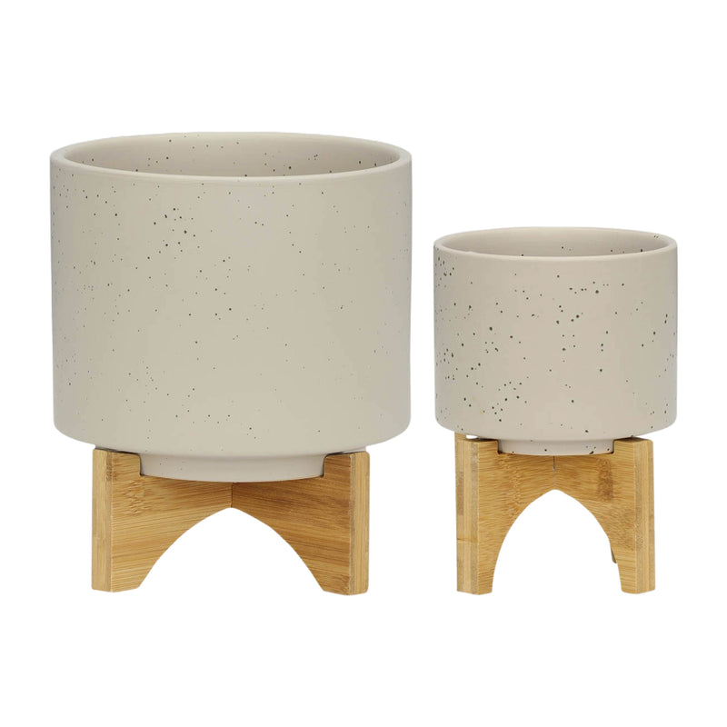 S/2 5/8 PLANTER W/ WOOD STAND, MATTE BEIGE