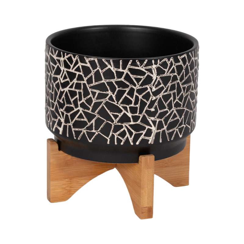 7 CRACKLED PLANTER W/ WOOD STAND, BLACK