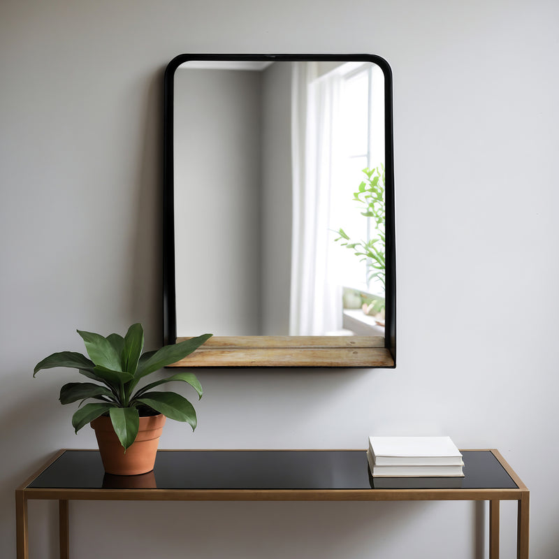 METAL, 22X30 MIRROR W/ SHELF, BLACK/BROWN