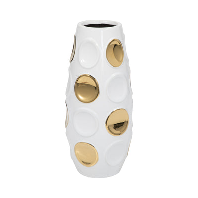 Stoneware, 13 Circle Embossed Vase, White/gold