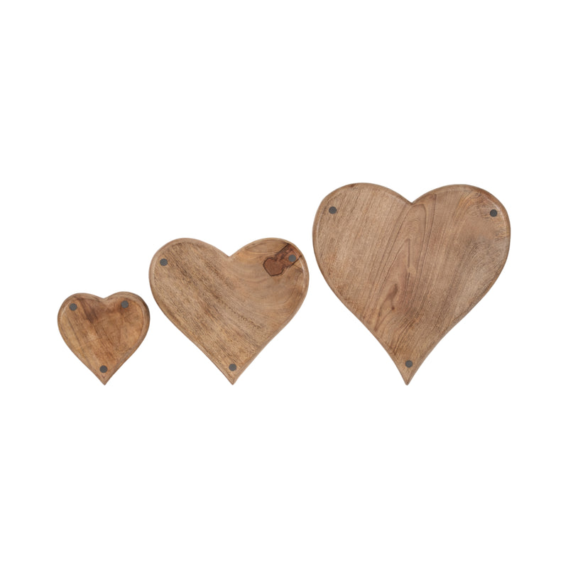 WOOD, S/3 7/11/14 HEART TRAYS, NATURAL